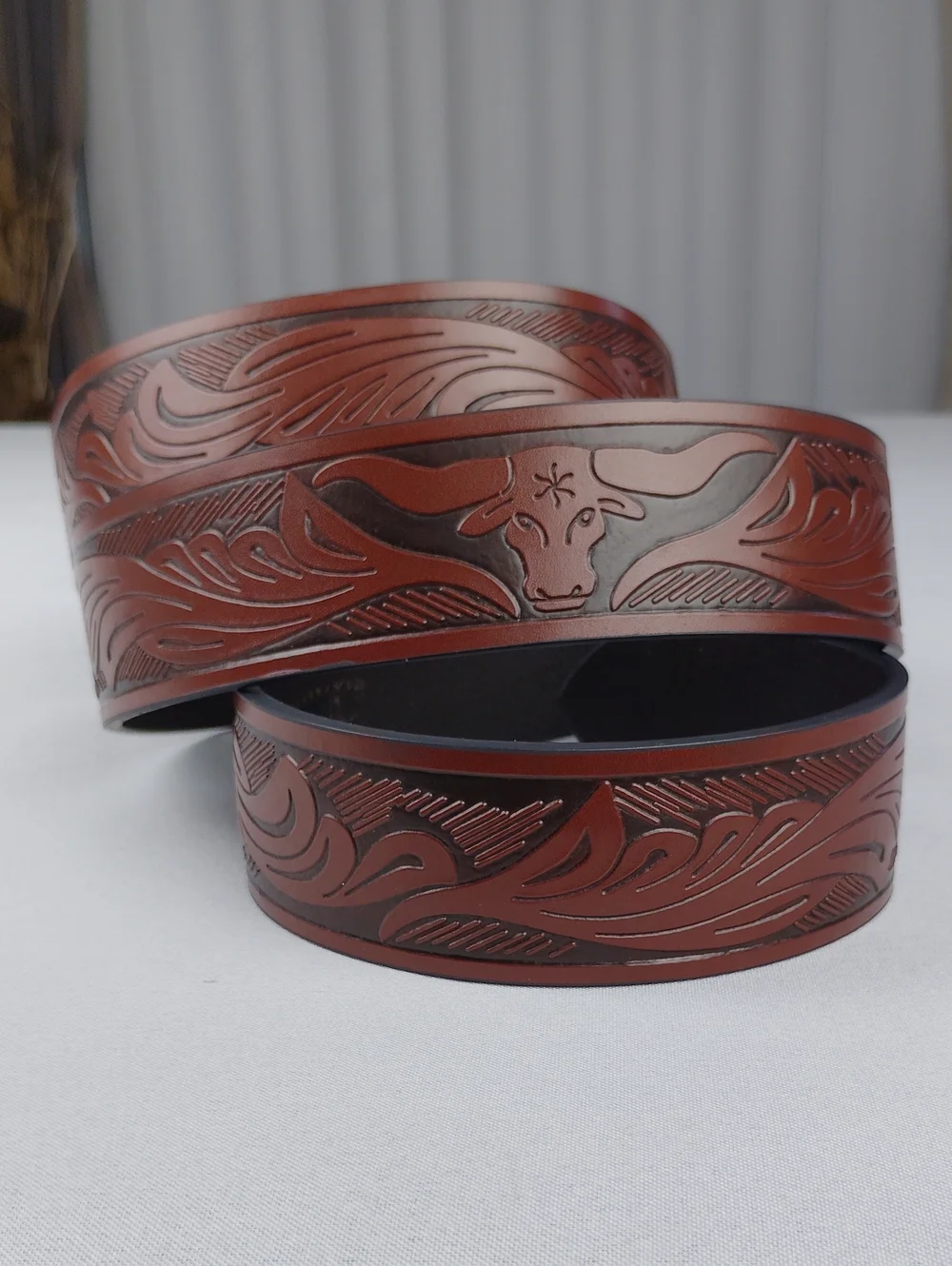 Belt Road Brown Tooled Leather Western Belt with Longhorn Buckle
